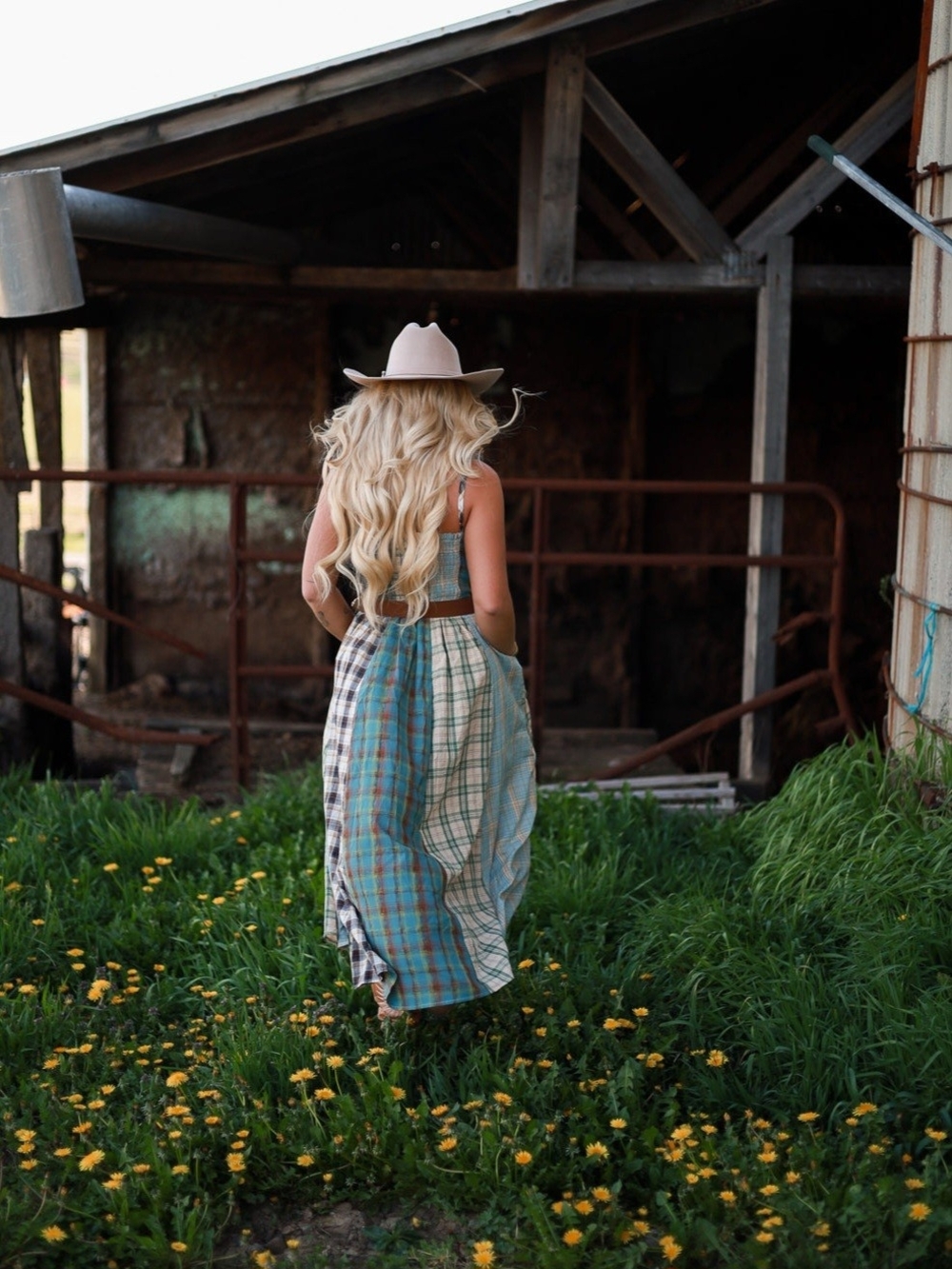 Shop Ivory Buck GiGio Teal Patchwork Plaid Square Neck Western Charm Midi Dress - Picture 3 of 15
